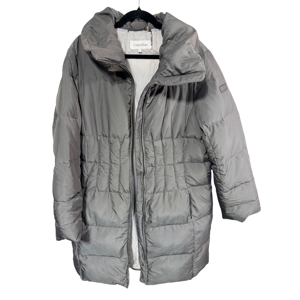 Calvin Klein Puffer Coat Quilted Down Fill Women's XL Gray Cozy Winter Read